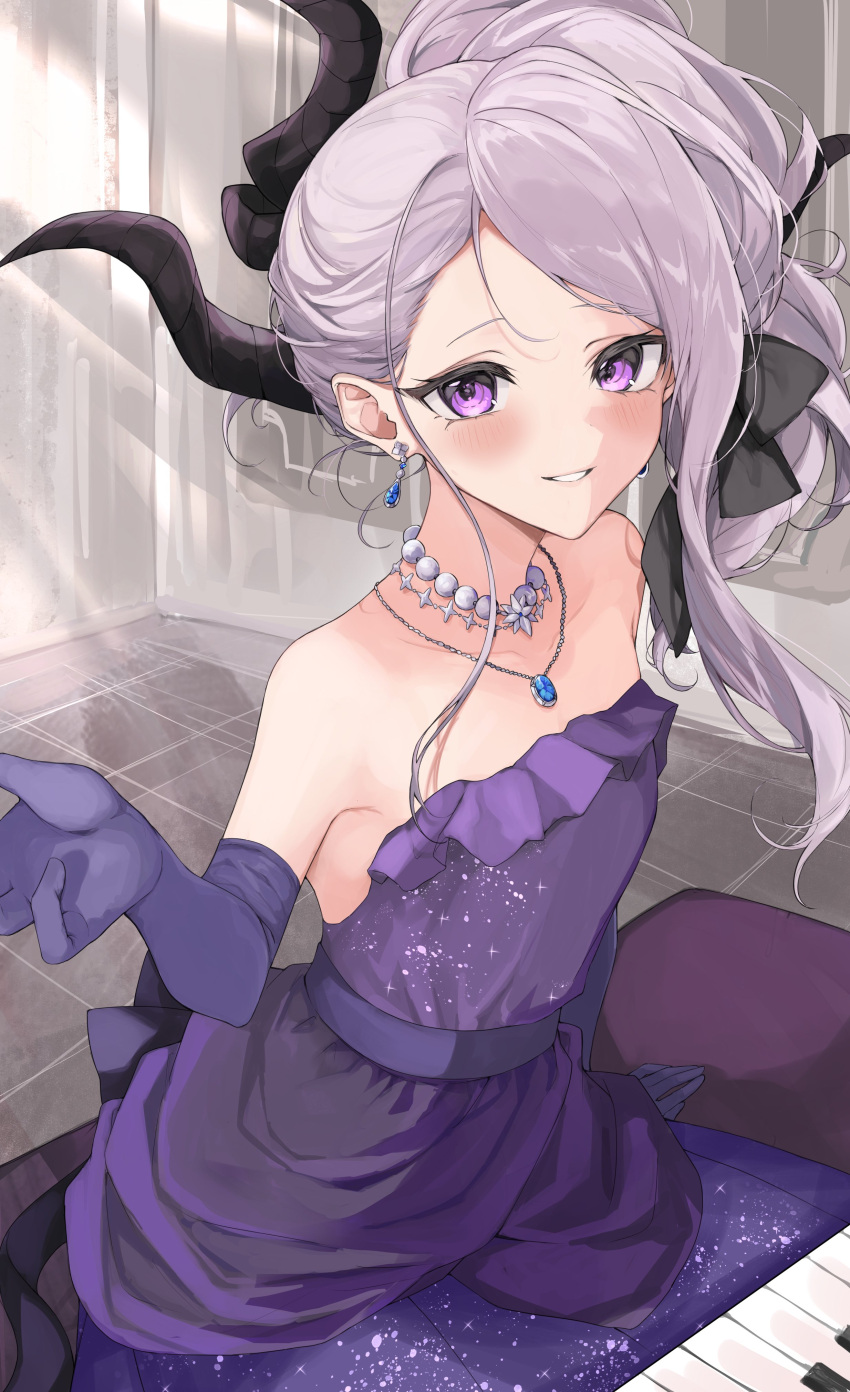 1girl absurdres black_horns blue_archive blush collarbone demon_horns dress elbow_gloves gloves grey_hair hasetsu_(hasss0113) highres hina_(blue_archive) hina_(dress)_(blue_archive) horns jewelry long_hair looking_at_viewer necklace official_alternate_costume official_alternate_hairstyle open_mouth pendant piano_keys purple_dress purple_eyes purple_gloves smile solo strapless strapless_dress