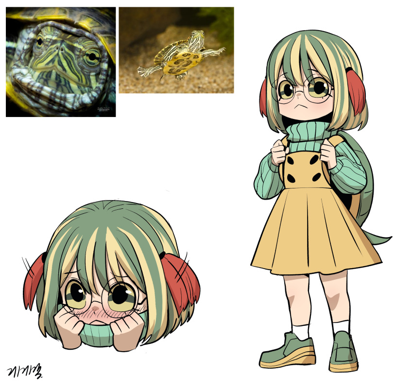 1girl :&lt; black_eyes blonde_hair blush child colored_sclera creature_and_personification full_body gegegekman green_footwear green_hair green_sclera green_sweater hair_between_eyes highres long_sleeves multicolored_hair multicolored_sclera multiple_views original photo_inset red_hair reference_inset shy signature skirt socks streaked_hair suspender_skirt suspenders sweater tail turtle turtle_girl turtle_shell turtleneck turtleneck_sweater white_background white_socks yellow_sclera