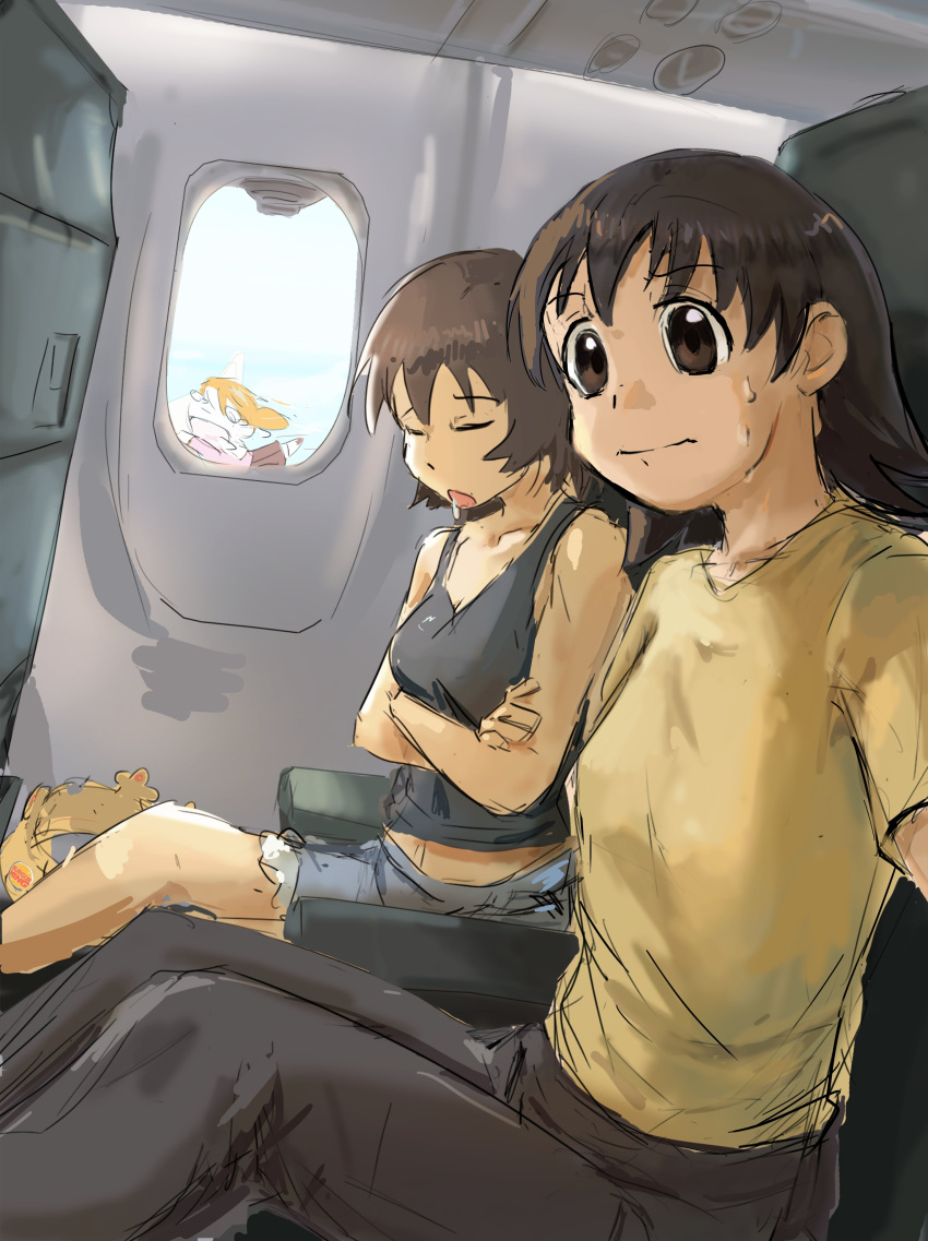 3girls above_clouds absurdres aircraft airplane airplane_interior azumanga_daioh cloud drooling from_inside highres indoors interior kagura_(azumanga_daioh) liamickpie looking_at_viewer mihama_chiyo multiple_girls saliva sitting sweatdrop takino_tomo vehicle_interior