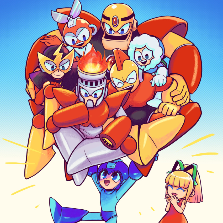 1girl 6+boys ^_^ blue_eyes blunt_bangs bomb_man closed_eyes closed_mouth cut_man elec_man fire_man green_ribbon guts_man hair_ribbon highres humanoid_robot ice_man laser-lance looking_at_another mega_man_(character) mega_man_(classic) mega_man_(series) mega_man_1 multiple_boys open_mouth ribbon robot roll_(mega_man) short_hair short_ponytail smile teeth upper_teeth_only