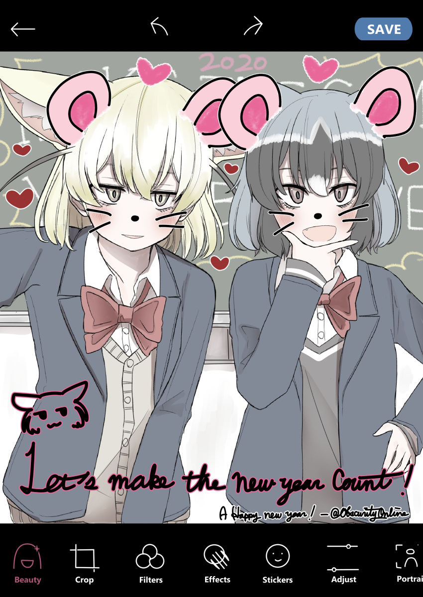 2020 2girls absurdres alternate_costume animal_ears artist_name black_hair blonde_hair blush bow bowtie brown_eyes cardigan common_raccoon_(kemono_friends) fang fennec_(kemono_friends) fox_ears grey_hair happy_new_year heart highres kemono_friends long_sleeves multicolored_hair multiple_girls new_year open_mouth parted_lips phone_screen raccoon_ears red_bow red_neckwear school_uniform shio_butter_(obscurityonline) short_hair smile twitter_username white_hair