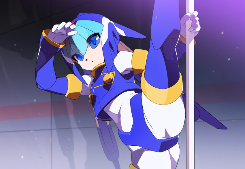 1girl blue_eyes bodysuit covered_navel crop_top crotch_plate fairy_leviathan_(mega_man) helmet kaidou_zx mega_man_(series) mega_man_zero_(series) pole pole_dancing solo split standing standing_on_one_leg standing_split stripper_pole white_bodysuit