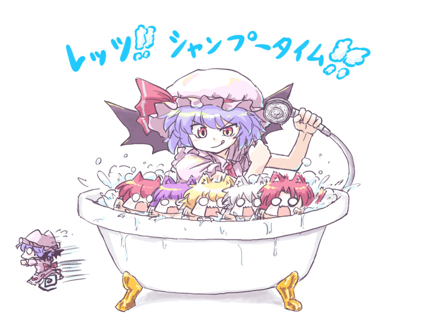 6+girls :q animal_ears aokukou ascot bat_wings bathtub blank_eyes blonde_hair blue_hair cat_ears cat_tail claw_foot_bathtub commentary_request embodiment_of_scarlet_devil flandre_scarlet fleeing flying_sweatdrops grey_hair hat hat_ribbon hong_meiling izayoi_sakuya koakuma light_blush long_hair mob_cap multiple_girls open_mouth partially_submerged patchouli_knowledge pink_headwear purple_hair red_ascot red_eyes red_hair remilia_scarlet ribbon short_hair short_sleeves siblings sisters smile soap_bubbles solid_circle_eyes spilling tail tongue tongue_out touhou translation_request water wings