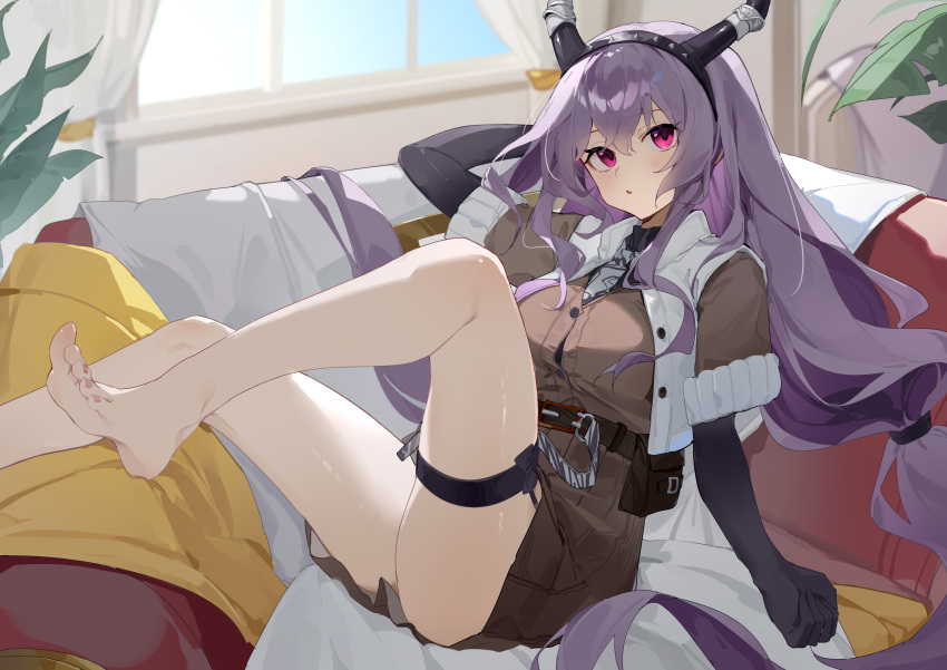1girl :&lt; absurdres arknights arm_behind_head belt black_gloves blush breasts brown_shirt brown_skirt buckle buttons couch cropped_jacket curtains day elbow_gloves fake_horns feet foot_focus foot_out_of_frame gloves hair_between_eyes high-waist_skirt highres horn_hairband horns indoors jacket large_breasts leaning_back legs_apart long_hair looking_at_viewer low_twintails miniskirt open_clothes open_jacket parted_lips pink_eyes plant pleated_skirt potted_plant purple_hair shirt sitting skindentation skirt solo teketi thigh_strap thighs toes twintails typhon_(arknights) very_long_hair white_jacket window