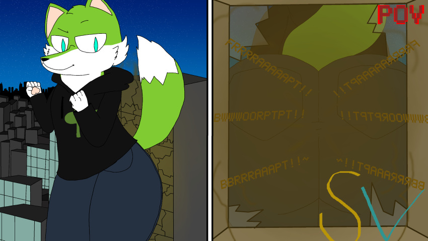 2_panel_comic 4k absurd_res anthro building butt butt_press canid canine city city_background cityscape clothed clothing clover(speedyvibes) comic digital_drawing_(artwork) digital_media_(artwork) fart fart_cloud fart_fetish farting_on_another first_person_view flat_colors fox fur gradient_background hi_res hotbox looking_back macro macro_focus male male/male mammal multicolored_body presenting presenting_hindquarters signature simple_background sky smile solo speedyvibes tail watermark widescreen