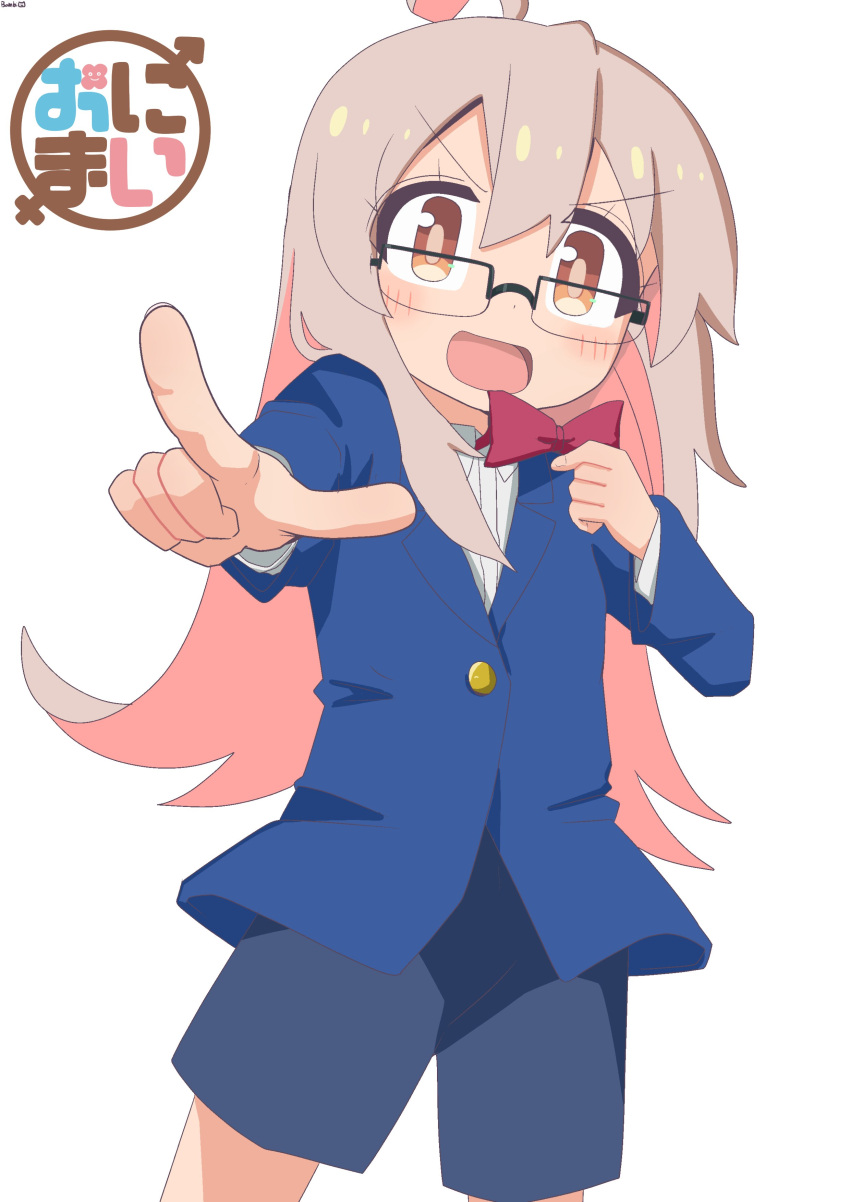 1girl absurdres ahoge artist_name bambi2000line bow bowtie cosplay edogawa_conan edogawa_conan_(cosplay) genderswap genderswap_(mtf) glasses highres jacket looking_at_viewer meitantei_conan onii-chan_wa_oshimai! orange_eyes oyama_mihari parody pink_hair pointing pointing_at_viewer shorts simple_background solo title trait_connection white_background