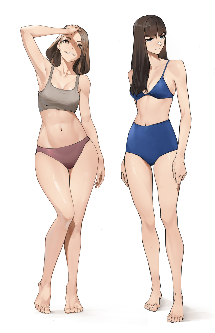 2girls absurdres arms_at_sides barefoot blue_bra blue_eyes blue_panties bra breasts brown_eyes brown_hair cleavage commentary contrapposto english_commentary feet full_body grey_bra grin hand_on_own_head highres legs long_hair looking_at_viewer medium_breasts multiple_girls navel original panties red_panties simple_background smile sports_bra standing tbocart teeth toes toned unamused underwear white_background wide_hips