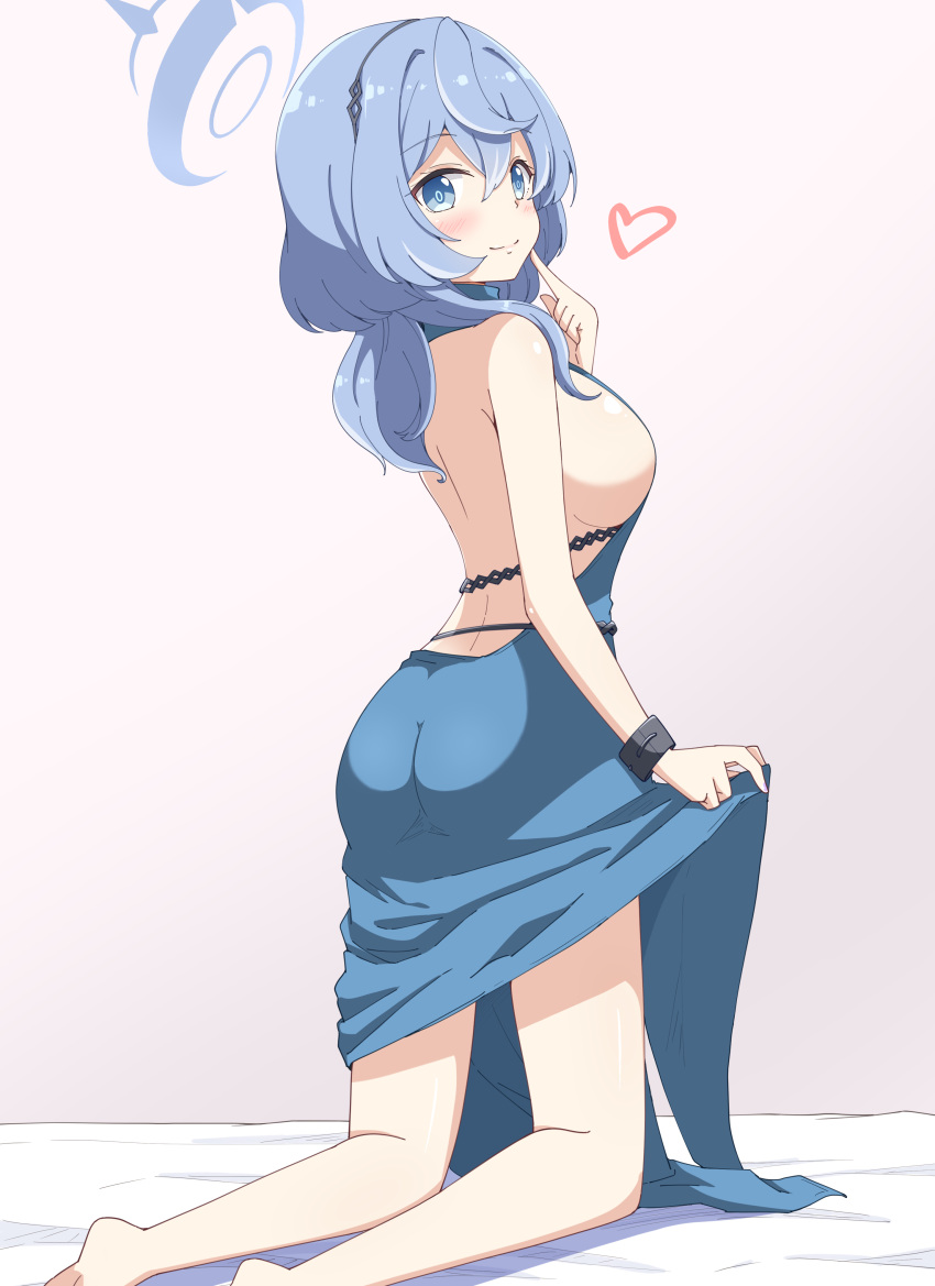 1girl absurdres aikawa_ryou ako_(blue_archive) ako_(dress)_(blue_archive) ass backless_dress backless_outfit barefoot blue_archive blue_dress blue_eyes blue_hair blue_halo blush breasts closed_mouth cuffs dress hair_between_eyes halo handcuffs heart highres kneeling kneepits large_breasts long_hair sideboob sleeveless sleeveless_dress smile solo