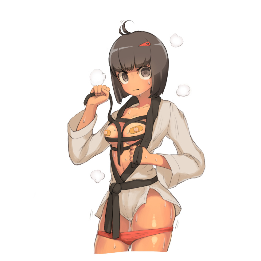 1girl ahoge bandaid bandaids_on_nipples belt black_belt breasts brown_eyes brown_hair closed_mouth cowboy_shot cropped_legs hair_ornament hairclip hand_up highres long_sleeves looking_at_viewer no_nose original panties panty_pull pasties pepper0 red_panties simple_background small_breasts solo standing sweat tying underwear white_background
