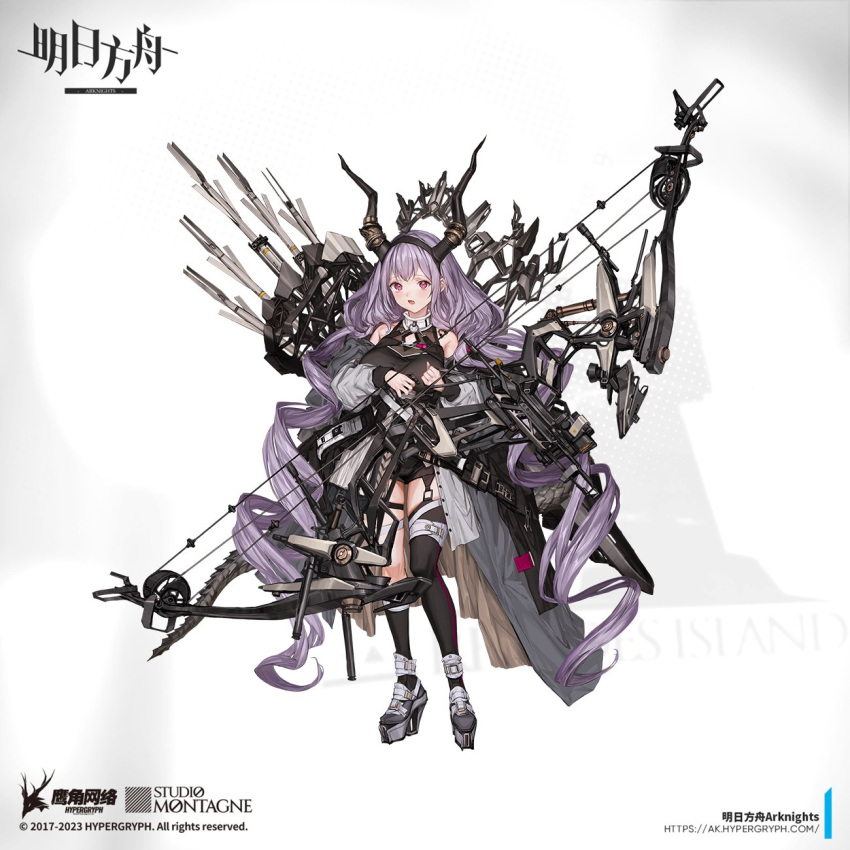 1girl :d arknights arrow_(projectile) asymmetrical_legwear bare_shoulders black_footwear black_leotard black_socks black_thighhighs blush boots bow_(weapon) compound_bow copyright_name crossbow drill_hair fake_horns garter_straps highres holding holding_bow_(weapon) holding_weapon horn_hairband horns kneehighs leotard lm7_(op-center) long_bangs looking_at_viewer low_twintails mismatched_legwear official_art open_mouth pink_eyes purple_hair quiver sidelocks silver_collar single_sock single_thighhigh smile socks solo thigh_strap thighhighs twin_drills twintails typhon_(arknights) watermark weapon