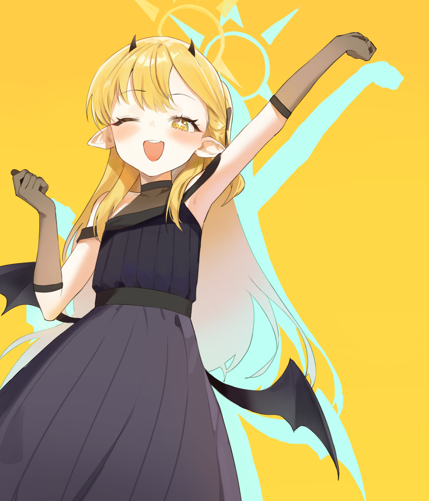 1girl absurdres arm_up armpits black_dress black_gloves black_horns black_wings blonde_hair blue_archive blush demon_horns demon_wings dress gloves halo highres horns ibuki_(blue_archive) ibuki_(dress)_(blue_archive) long_hair nonoa official_alternate_costume one_eye_closed open_mouth pointy_ears simple_background smile solo wings yellow_background yellow_eyes yellow_halo