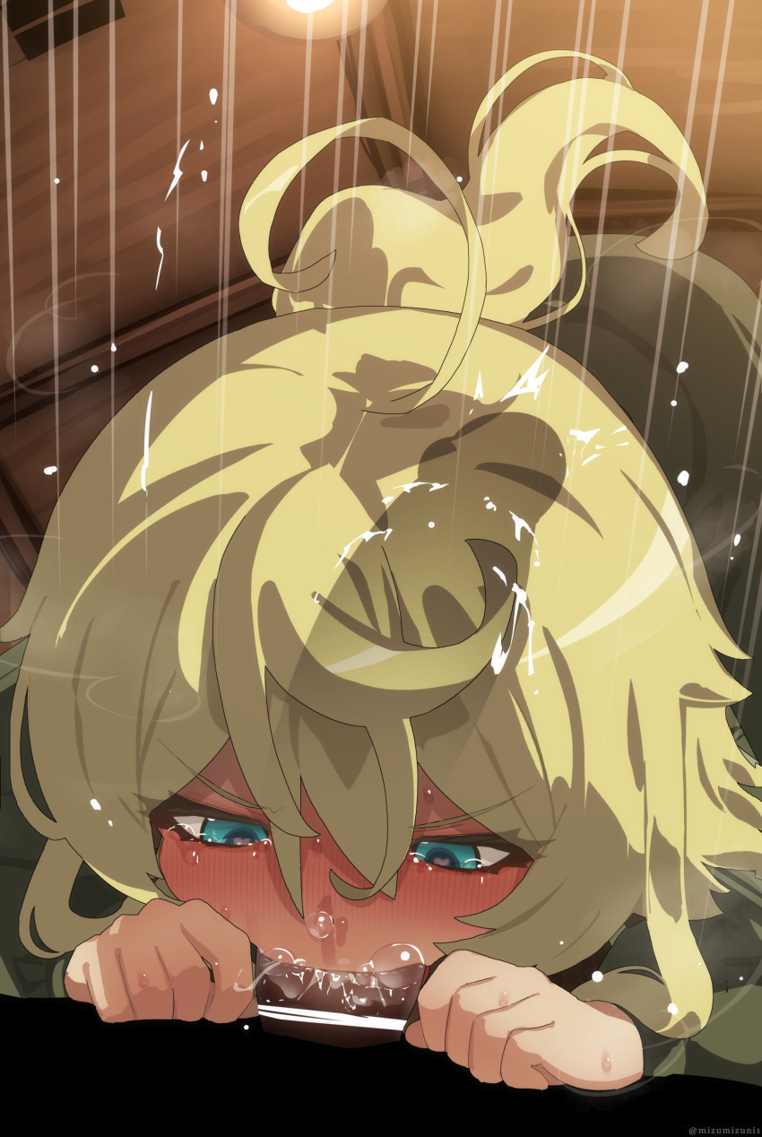 1boy 1girl absurdres bar_censor blonde_hair blue_eyes blush censored deepthroat fellatio full-face_blush hetero highres large_penis mizumizuni open_mouth oral penis saliva solo_focus tanya_degurechaff trembling uniform variant_set x-ray youjo_senki