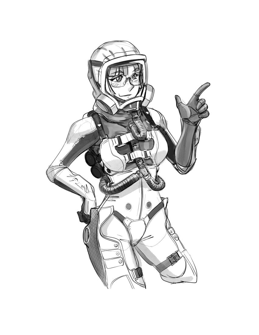 bodysuit breasts commander_rab(layer_industries) gas_mask glasses gloves greyscale hand_on_own_hip hazmat_suit highres hose light_blush mask medium_breasts monochrome original pointing pointing_up scuba scuba_gear sketch skin_tight strap thigh_strap white_background