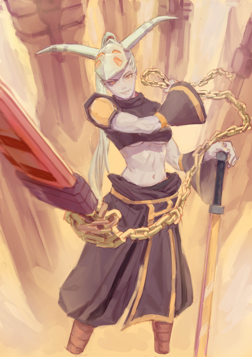 1girl absurdres baggy_pants black_pants breasts chain chinese_commentary colored_skin commentary_request crop_top crop_top_overhang dead_cells detached_sleeves eyelashes grey_skin highres holding holding_chain horns mask mask_on_head medium_breasts midriff navel orange_eyes pants solipsist solo sword time_keeper_(dead_cells) underboob weapon white_hair