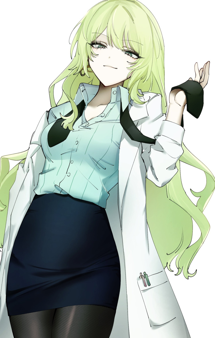 1girl arm_at_side black_necktie black_skirt breasts c_uino closed_mouth collarbone collared_shirt cowboy_shot earrings from_below green_eyes green_hair green_shirt high-waist_skirt highres holding holding_necktie honkai_(series) honkai_impact_3rd jacket jewelry long_hair long_sleeves looking_at_viewer loose_necktie medium_breasts mobius_(honkai_impact) necktie office_lady open_clothes pantyhose partially_unbuttoned pencil_skirt shirt shirt_tucked_in simple_background skirt smile solo standing swept_bangs very_long_hair white_background