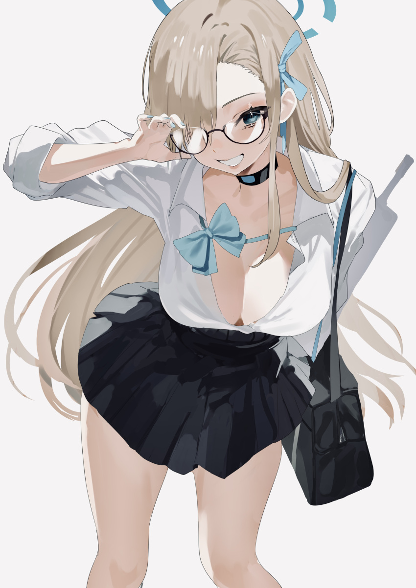 1girl absurdres adjusting_eyewear asuna_(blue_archive) asymmetrical_bangs bag black_choker blonde_hair blue_archive blue_bow blue_bowtie blue_eyes blue_nails blue_ribbon bow bowtie breasts choker cleavage gun hair_over_one_eye hair_ribbon halo highres large_breasts long_hair loose_bowtie nail_polish open_mouth pleated_skirt ribbon school_bag semi-rimless_eyewear shirt simple_background single_sidelock skirt solo unbuttoned unbuttoned_shirt under-rim_eyewear very_long_hair weapon white_shirt yougashi