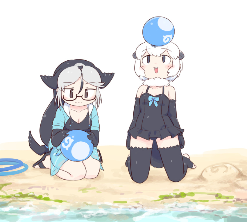 0x0082 2girls :3 animal_ears ball bare_shoulders beach beachball black_footwear blue_bow blue_hoodie blush bow brown_eyes california_sea_lion_(kemono_friends) californian_sea_otter_(kemono_friends) elbow_gloves extra_ears fins frilled_one-piece_swimsuit frilled_thighhighs frills fur_trim glasses gloves grey_eyes grey_gloves grey_hair grey_one-piece_swimsuit grey_thighhighs hair_between_eyes head_fins highres hood hood_down hoodie japari_symbol kemono_friends kneeling long_hair long_sleeves multicolored_hair multiple_girls one-piece_swimsuit open_clothes open_hoodie open_mouth otter_ears otter_girl otter_tail sandals seiza semi-rimless_eyewear short_hair sidelocks sitting smile spade_(shape) spaghetti_strap swimsuit tail thighhighs toeless_legwear white_fur white_hair