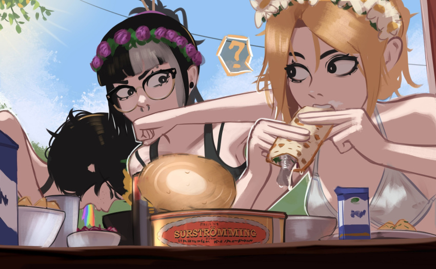 3girls ? angry bikini black_eyes black_hair black_sports_bra blonde_hair blue_sky can can_opener covering_own_mouth drink_can eating flat_chest flower_wreath food food_on_face freckles glasses hair_ornament hair_stick highres holding holding_food jessie_(veyonis) messy_hair mika_(veyonis) multiple_girls nose_piercing original outdoors piercing ponytail sky sports_bra strap_slip surprised surstromming swimsuit table tank_top veyonis vomiting_rainbows white_bikini yuna_(veyonis)