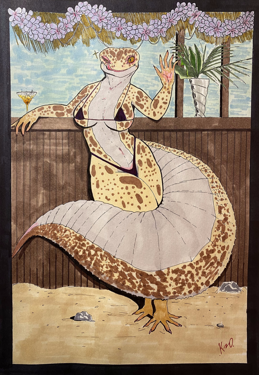 absurd_res alcohol anthro beach beverage big_tail breasts clothing cocktail dots eublepharid female flower gecko hi_res kzo_arts leopard_gecko lizard plant reptile scalie solo swimwear tail tongue tongue_out
