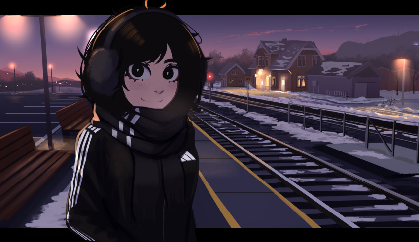 1girl absurdres adidas bare_tree bench black_eyes black_hair black_jacket black_scarf building cloud commentary earmuffs freckles highres jacket lantern messy_hair mountain night night_sky norway original outdoors parking_lot railroad_signal railroad_tracks real_world_location scarf scenery sign sky snow solo tomboy train_station train_station_platform tree veyonis winter winter_clothes yuna_(veyonis)