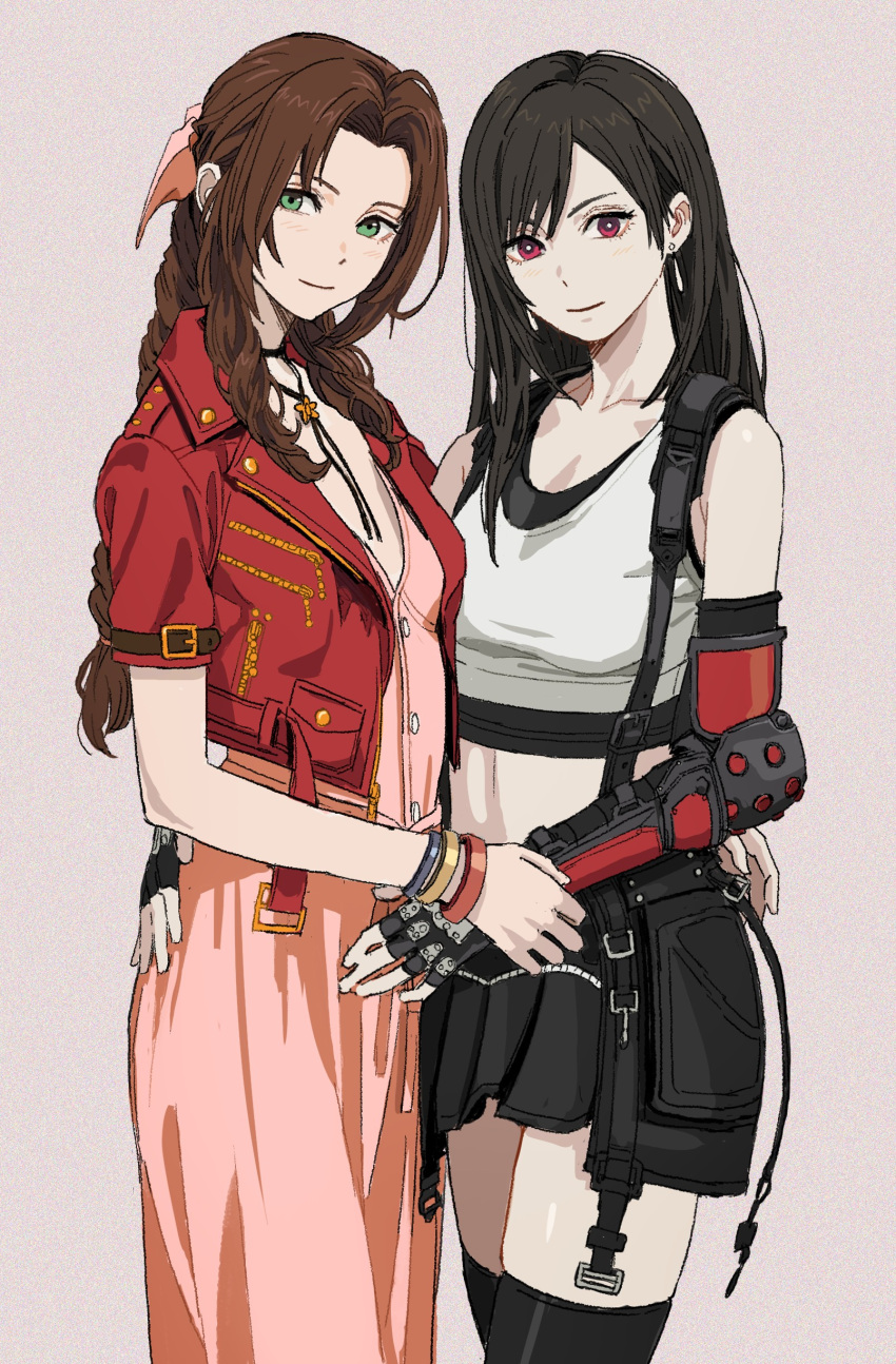 2girls absurdres aerith_gainsborough arm_around_waist black_hair black_thighhighs braid braided_ponytail brown_hair closed_mouth commentary crop_top dress earrings eyelashes final_fantasy final_fantasy_vii final_fantasy_vii_rebirth final_fantasy_vii_remake fingerless_gloves gloves green_eyes grey_background hair_ribbon highres holding_another's_wrist jacket jewelry looking_at_viewer multiple_girls navel necklace pink_dress pink_eyes pink_ribbon red_jacket ribbon shiren_(ourboy83) skindentation skirt smile standing suspender_skirt suspenders thighhighs tifa_lockhart upper_body zettai_ryouiki