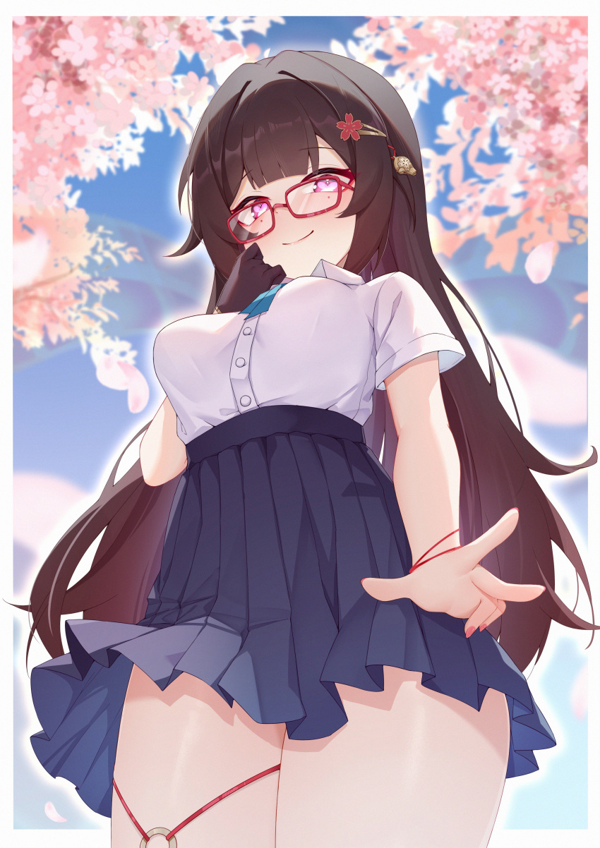 1girl absurdres black_skirt blue_ribbon blue_sky border breasts brown_hair cherry_blossoms closed_mouth collared_shirt covered_nipples cowboy_shot day glasses hair_ornament hairclip hand_on_own_cheek hand_on_own_face high-waist_skirt highres honkai:_star_rail honkai_(series) legs_together long_hair looking_at_viewer medium_breasts mengxin_huazha neck_ribbon outdoors pink_eyes red-framed_eyewear ribbon school_uniform shirt shirt_tucked_in skirt sky smile solo sparkle_(honkai:_star_rail) straight_hair tented_shirt thick_thighs thighs white_border white_shirt