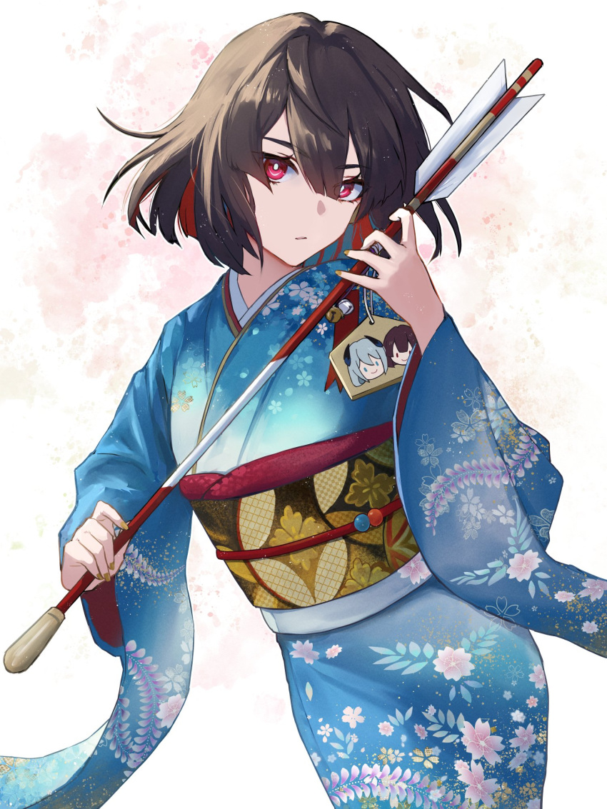 1girl :/ arrow_(projectile) blue_kimono brown_hair colored_inner_hair contrapposto cowboy_shot ema floral_print hair_between_eyes hamaya highres holding holding_arrow honkai:_star_rail honkai_(series) japanese_clothes kimono long_sleeves looking_at_viewer michiko_(ui29) multicolored_hair obi parted_lips print_kimono red_eyes red_hair sash short_hair sidelocks simple_background solo white_background wide_sleeves xueyi_(honkai:_star_rail)