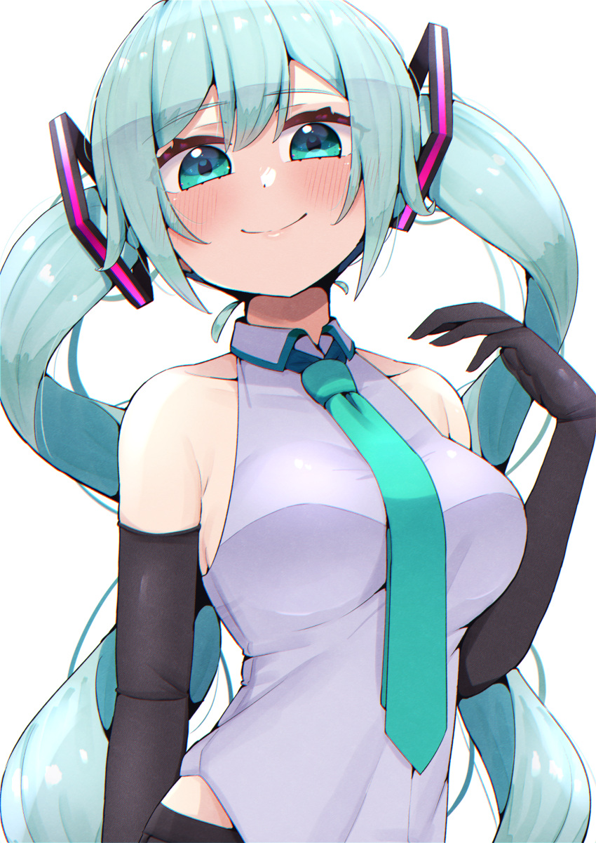 1girl adapted_costume aqua_eyes aqua_hair aqua_necktie black_gloves blue_skirt closed_mouth collarbone double-parted_bangs elbow_gloves floating_headgear gloves grey_shirt hair_between_eyes hair_ornament halter_shirt halterneck hand_up hatsune_miku headgear highres impossible_clothes impossible_shirt kooei long_hair looking_at_viewer necktie shirt sideless_shirt simple_background skirt sleeveless sleeveless_shirt smile solo twintails very_long_hair vocaloid white_background