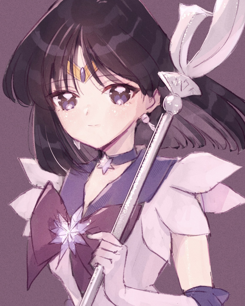 1girl bishoujo_senshi_sailor_moon black_hair blunt_bangs blunt_ends bow brooch choker circlet earrings elbow_gloves gem gloves highres jewelry magical_girl purple_eyes purple_gemstone purple_sailor_collar sailor_collar sailor_saturn sailor_senshi_uniform short_hair silence_glaive skirt solo star_(symbol) star_brooch star_choker tomoe_hotaru white_gloves yyemoyy