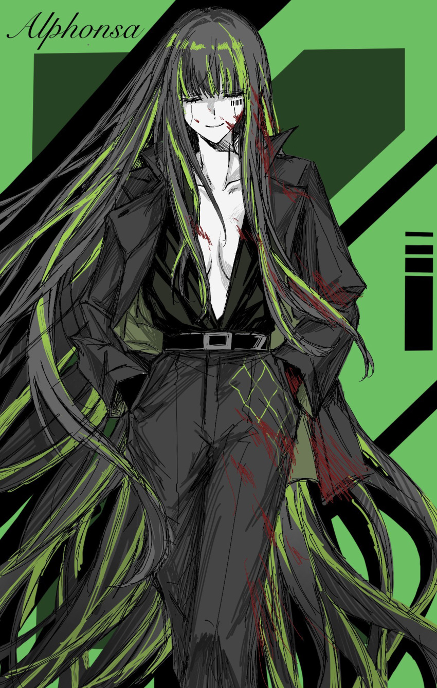 1girl alfonso_(project_moon) ashi_(dongshi389) belt black_hair black_pants blood blood_on_clothes blood_on_face blood_on_gloves breasts character_name closed_eyes closed_mouth collarbone formal green_background green_hair hands_in_pockets highres jacket limbus_company long_hair looking_at_viewer multicolored_hair pants project_moon smile solo streaked_hair suit very_long_hair