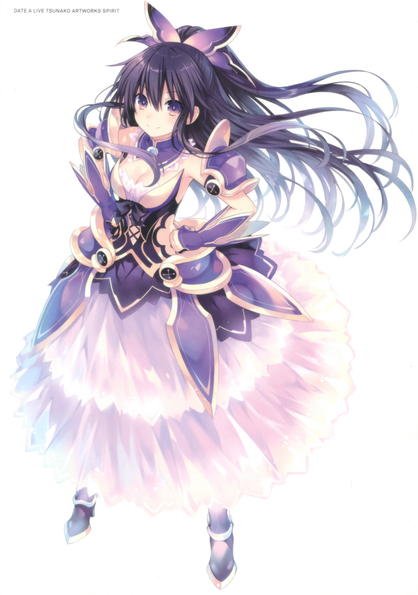 1girl absurdres armor armored_dress artist_name blush breasts cleavage closed_mouth copyright_name date_a_live detached_collar dress full_body gold_trim gradient_clothes hair_ornament hands_on_own_hips highres long_hair looking_at_viewer medium_breasts official_art ponytail purple_eyes purple_hair ribbon scan shoulder_armor simple_background skirt smile solo tsunako white_background yatogami_tooka