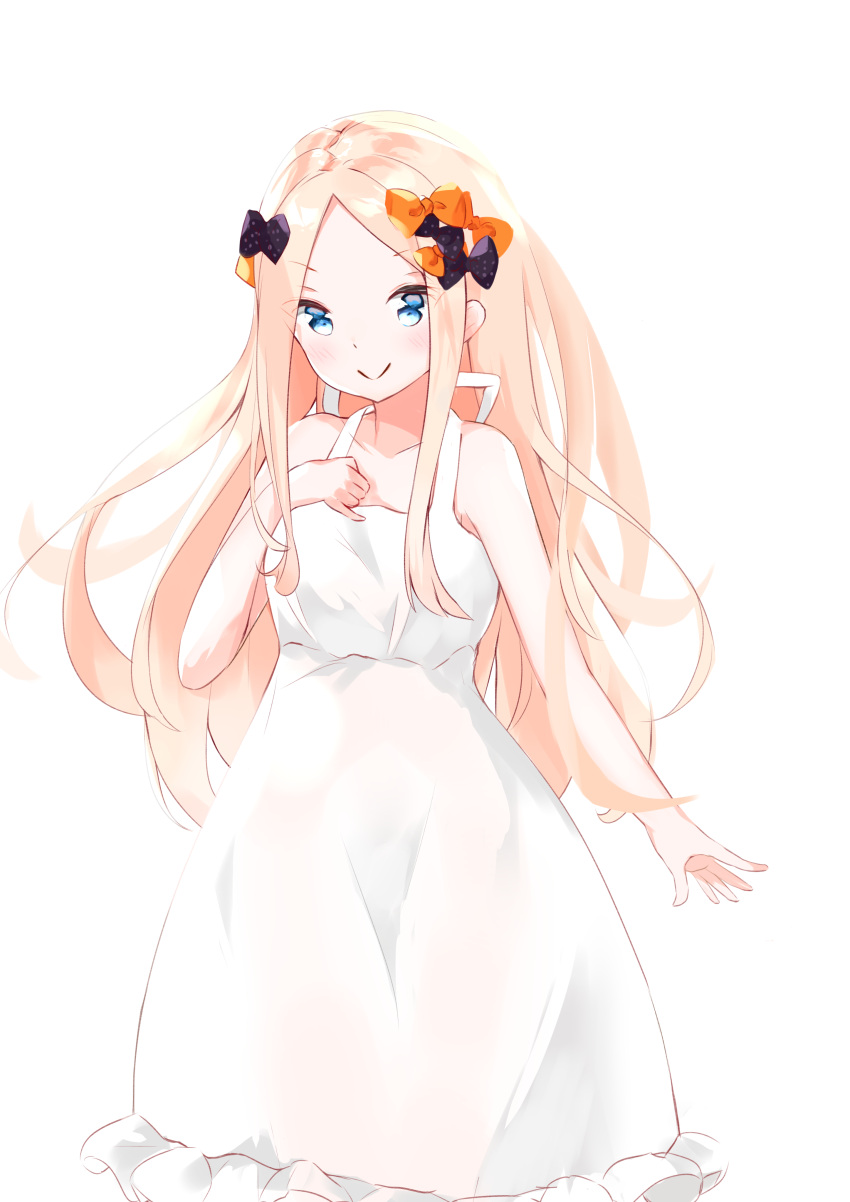 1girl abigail_williams_(fate) absurdres bare_arms bare_shoulders black_bow blonde_hair blue_eyes blush bow closed_mouth collarbone commentary dress fate/grand_order fate_(series) forehead frilled_dress frills hair_bow hand_up highres long_hair looking_at_viewer orange_bow parted_bangs simple_background sleeveless sleeveless_dress smile solo very_long_hair white_background yukaa