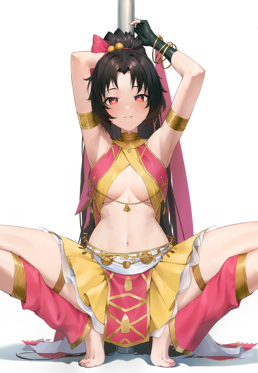 1girl absurdres alaskastomatoez armpits arms_behind_head arms_up bare_shoulders barefoot black_gloves black_hair bracelet breasts brown_eyes cleavage_cutout clothing_cutout commission dancer earrings fingerless_gloves fire_emblem fire_emblem:_thracia_776 full_body gloves hair_ribbon heart heart-shaped_pupils highres hoop_earrings jewelry lara_(fire_emblem) long_hair looking_at_viewer medium_breasts multicolored_clothes multicolored_skirt navel parted_bangs parted_lips pixiv_commission pole_dancing ribbon seductive_smile skirt smile solo spread_legs squatting stomach symbol-shaped_pupils underboob_cutout white_background