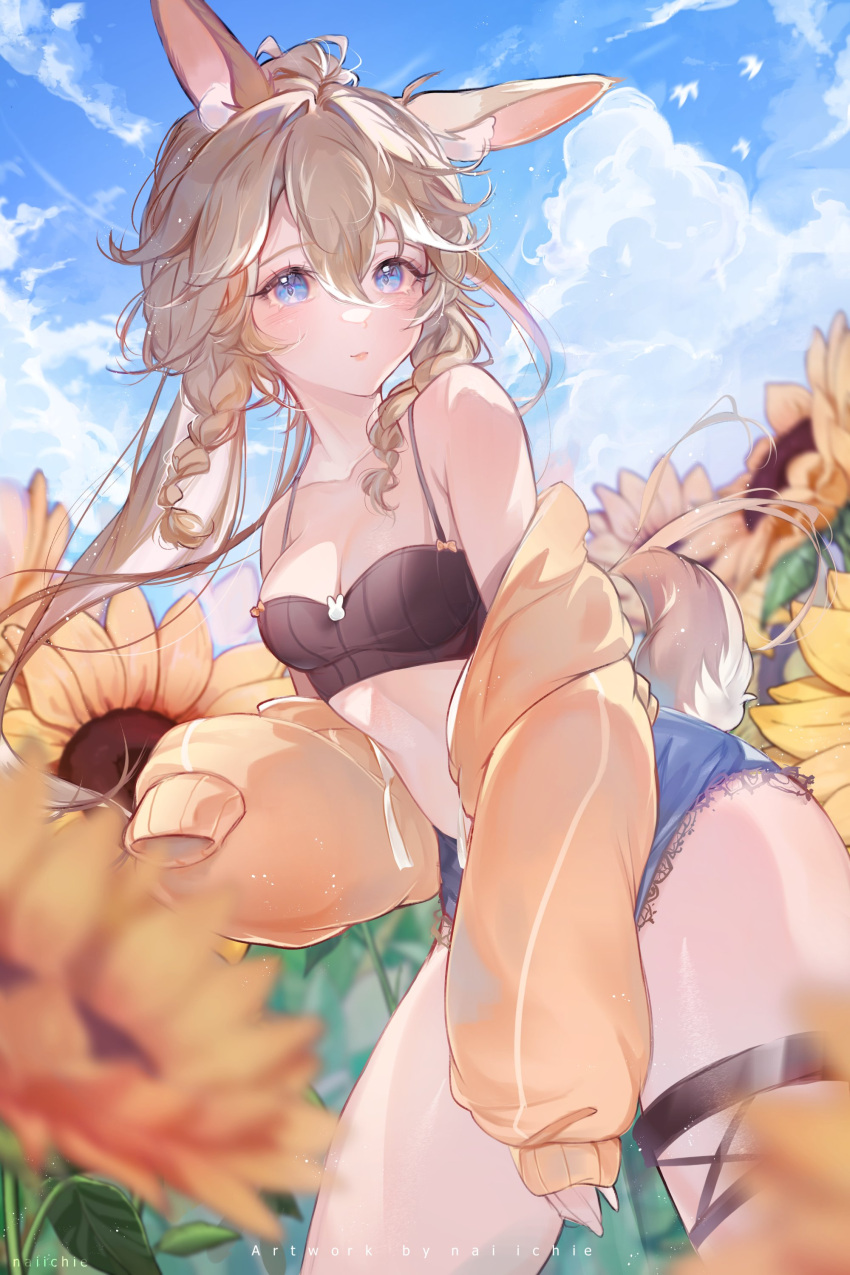 absurdres animal_ears black_camisole blonde_hair blue_eyes braid breasts camisole cropped_shirt day field flower flower_field highres indie_virtual_youtuber jacket long_hair looking_at_viewer medium_breasts naiichie off_shoulder open_clothes open_jacket outdoors rabbit_ears rabbit_tail shorts sunflower sunflower_field tail twin_braids