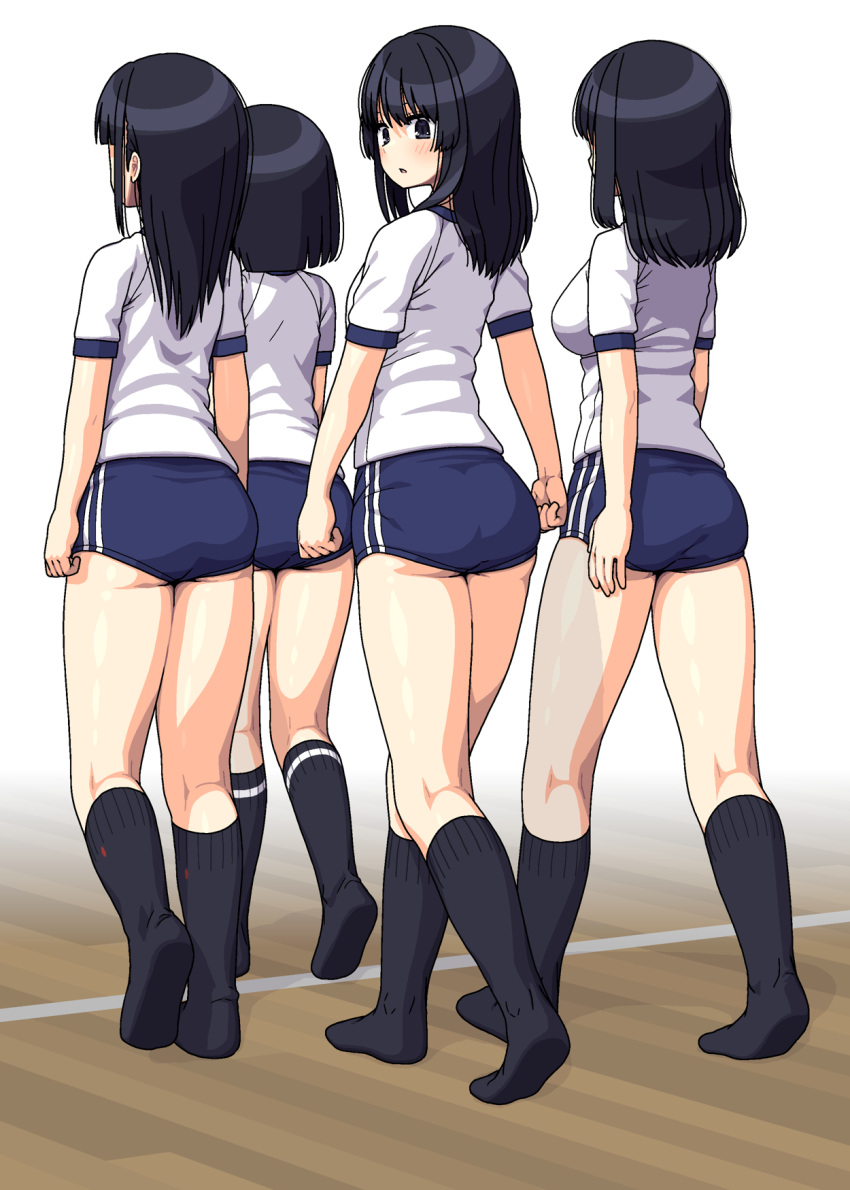 4girls ass black_hair black_socks blue_buruma breasts buruma from_behind gym_uniform highres large_breasts legs long_hair looking_at_viewer looking_back maruput medium_hair multiple_girls original socks thighs walking_away