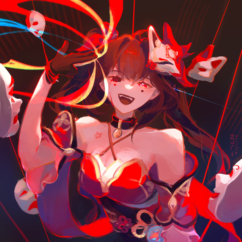 1girl :d absurdres artist_name bare_shoulders bell black_choker black_gloves bow breasts brown_hair choker cleavage criss-cross_halter detached_sleeves dress finger_gun finger_gun_to_head floating_hair fox_mask gloves glowing glowing_eye hair_between_eyes hair_bow halterneck highres honkai:_star_rail honkai_(series) large_breasts looking_at_viewer mask mask_on_head neck_bell obi open_mouth red_bow red_dress red_eyes red_sleeves sash short_sleeves sidelocks sleeveless sleeveless_dress smile solo sparkle_(honkai:_star_rail) teeth twintails upper_body upper_teeth_only zuristiie