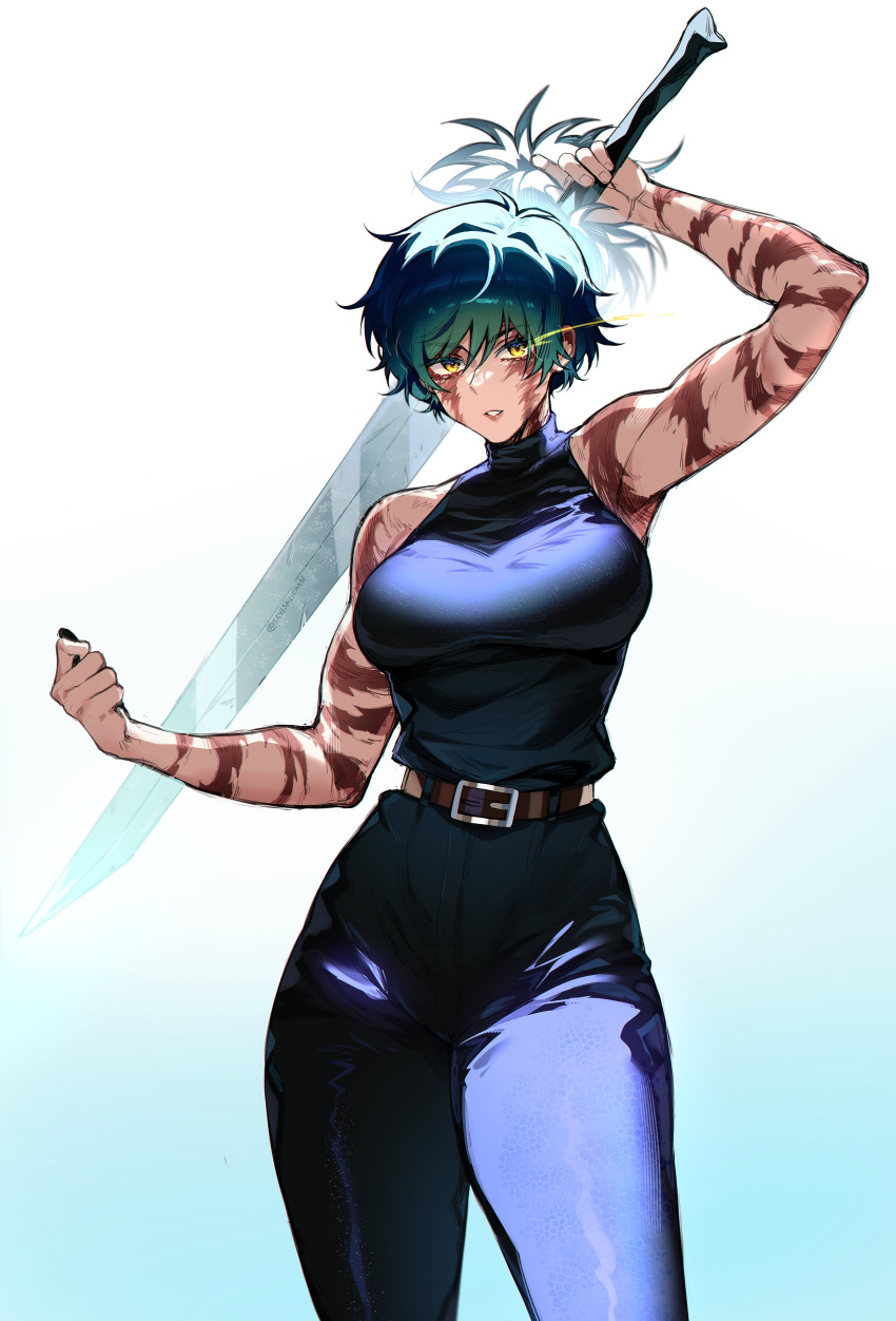1girl absurdres arm_up bare_arms bare_shoulders belt blue_pants breasts burn_scar clenched_hand cowboy_shot eye_trail gradient_background green_hair hair_between_eyes highres holding holding_sword holding_weapon jujutsu_kaisen light_trail looking_at_viewer pants parted_lips savi_(byakushimc) scar scar_on_arm scar_on_face shirt shirt_tucked_in short_hair sleeveless sleeveless_shirt solo sword twitter_username weapon yellow_eyes zen'in_maki