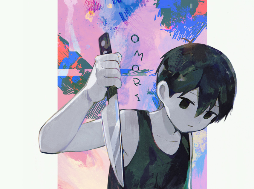 1boy absurdres antenna_hair arm_at_side bare_shoulders black_eyes black_hair black_tank_top closed_mouth collarbone colored_skin expressionless hair_between_eyes highres holding holding_knife kitchen_knife knife no_pupils omori omori_(omori) short_hair sleeveless solo tank_top toukashi_(2tou9) white_skin