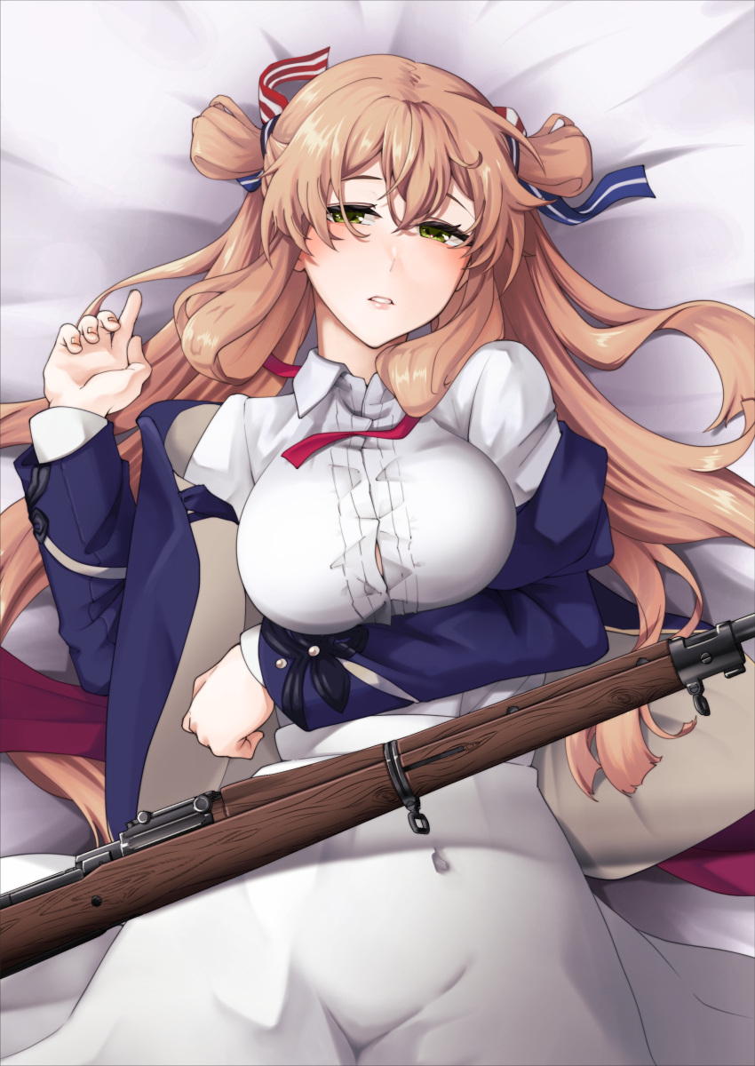 1girl absurdres blue_jacket blush bolt_action breasts brown_hair collared_shirt fingernails girls'_frontline green_eyes gun hair_between_eyes hair_rings highres jacket large_breasts long_hair long_sleeves looking_at_viewer m1903_springfield nakiusagi parted_lips red_ribbon ribbon rifle shirt shirt_tucked_in skirt solo springfield_(girls'_frontline) weapon white_shirt white_skirt