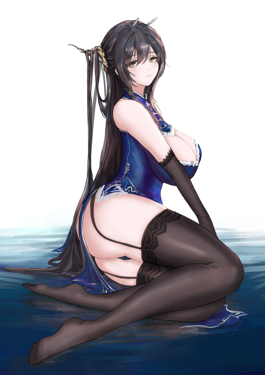 17yq 1girl absurdres alternate_costume ass azur_lane bare_shoulders black_garter_straps black_gloves black_hair black_thighhighs blue_dress breasts china_dress chinese_clothes chinese_commentary cleavage cleavage_cutout clothing_cutout dress elbow_gloves from_side garter_straps gloves green_eyes hair_on_horn highres horns huge_breasts indomitable_(azur_lane) lace-trimmed_thighhighs long_hair looking_at_viewer lying on_side sagging_breasts simple_background solo thighhighs thong underwear very_long_hair