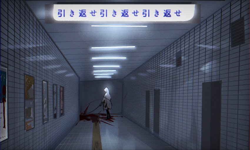 1boy blood blood_splatter ceiling ceiling_light chromatic_aberration facing_away film_grain fluorescent_lamp full_body ginzuki_4z9 hallway highres holding holding_sword holding_weapon hood hood_up hooded_robe indoors katana long_sleeves male_focus poster_(object) robe sign solo standing subway_station sword tactile_paving the_exit_8 tile_ceiling tile_floor tile_wall tiles touken_ranbu tsurumaru_kuninaga tunnel weapon white_robe wide_shot