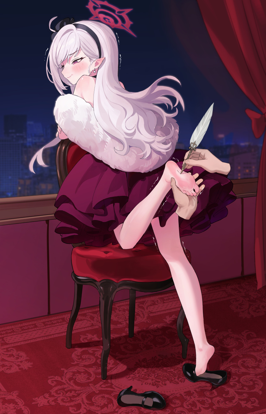 1girl absurdres averting_eyes bare_legs barefoot black_footwear black_hairband blue_archive chuck_(harfmoondark) commentary_request disembodied_limb dress earrings fur_shawl grey_hair hairband halo highres holding_another's_foot indoors jewelry leaning_on_object looking_at_viewer looking_back mutsuki_(blue_archive) mutsuki_(dress)_(blue_archive) night official_alternate_costume pointy_ears red_dress shawl soles solo tickling tickling_feet toes trembling