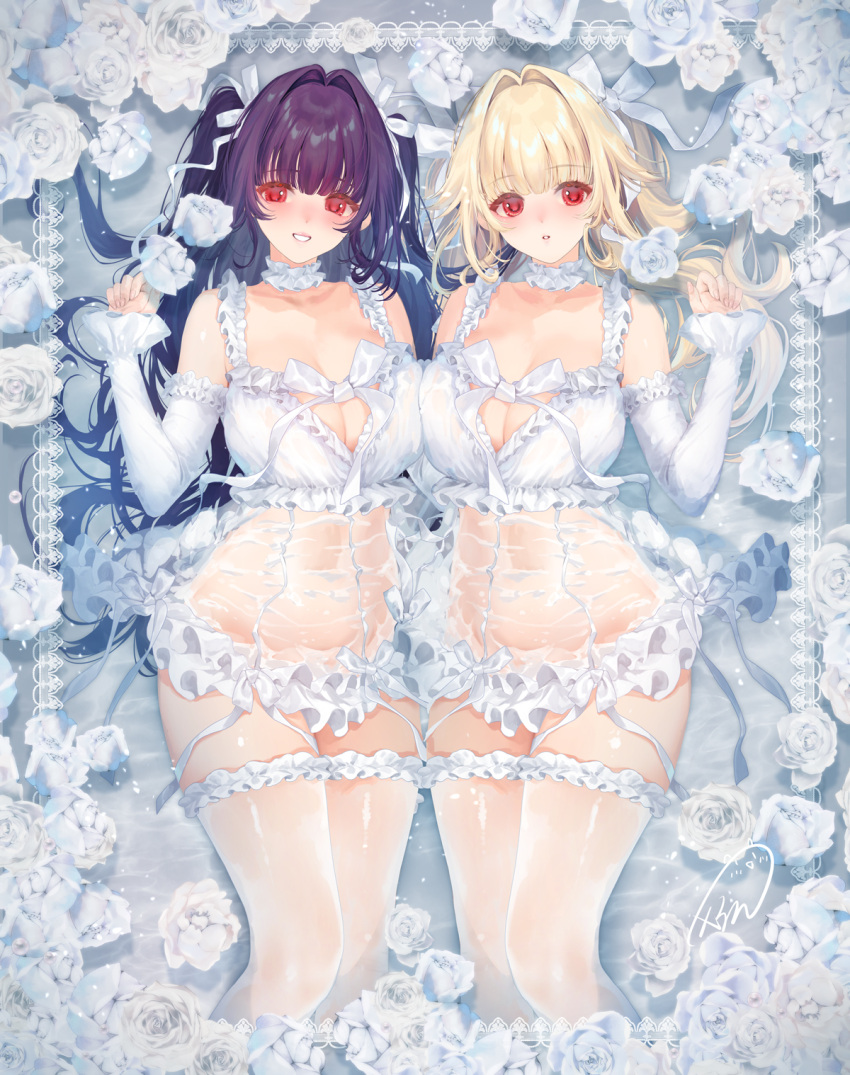 2girls blonde_hair breasts choker cleavage cowboy_shot flower frills hair_intakes hair_ornament hands_up highres large_breasts long_hair long_sleeves looking_at_viewer multiple_girls obiwan original parted_lips purple_hair red_eyes see-through signature smile thighhighs thighs water weisuoxin wet white_choker white_thighhighs