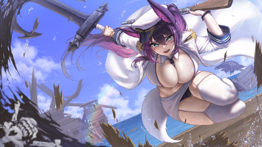 1girl absurdres anchor animal_ears aqua_eyes areola_slip between_breasts black_hair black_panties blue_sky bracelet breasts cloud cloudy_sky coat epaulettes fox_ears fox_girl fox_tail garter_straps gun hat highres holding holding_anchor huge_breasts jewelry jolly_roger long_hair midriff military_hat military_uniform miniskirt mizugaiya multicolored_hair naval_uniform navel necktie necktie_between_breasts nomalman ocean open_mouth original panties pantyshot pencil_skirt purple_hair rifle ship skirt sky smile solo tail thighhighs two-tone_hair underwear uniform very_long_hair watercraft weapon white_coat white_skirt white_thighhighs