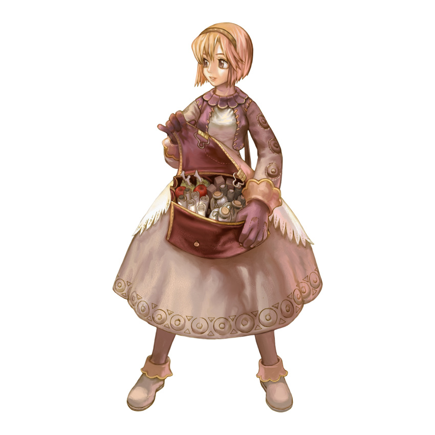 1girl 2000s_(style) apple blonde_hair bob_cut bone bottle breasts brown_dress brown_eyes brown_gloves brown_hairband brown_jacket brown_socks dress food fruit full_body gloves grey_footwear hairband highres jacket looking_afar medium_bangs merchant_(ragnarok_online) myung-jin_lee official_art potion ragnarok_online red_apple scroll shoes short_hair shrug_(clothing) simple_background small_breasts smile socks solo standing tachi-e transparent_background