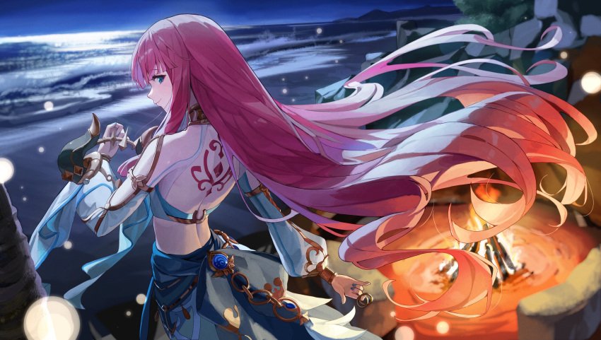 1girl absurdres back_tattoo blush circlet crop_top fake_horns genshin_impact ginlear harem_outfit highres horns jewelry long_hair long_sleeves looking_at_viewer neck_ring night nilou_(genshin_impact) ocean red_hair smile solo tattoo veil very_long_hair