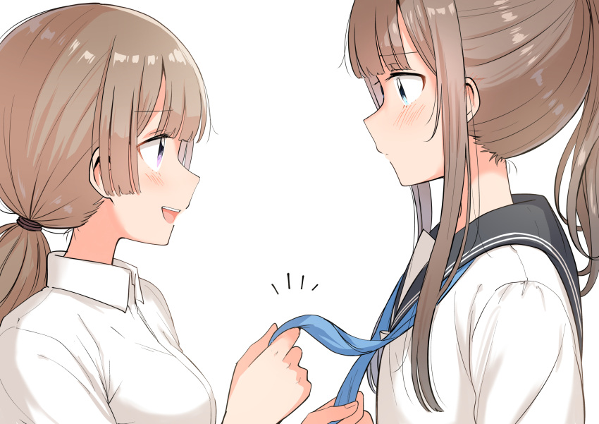 2girls betock blue_eyes blue_neckerchief blue_sailor_collar blush breasts brown_hair closed_mouth collared_shirt commentary_request dress_shirt flat_chest highres lone_nape_hair long_hair looking_at_another low_ponytail medium_breasts multiple_girls neckerchief open_mouth original ponytail purple_eyes sailor_collar school_uniform serafuku shirt sidelocks simple_background teeth undone_neckerchief upper_body upper_teeth_only white_background white_shirt