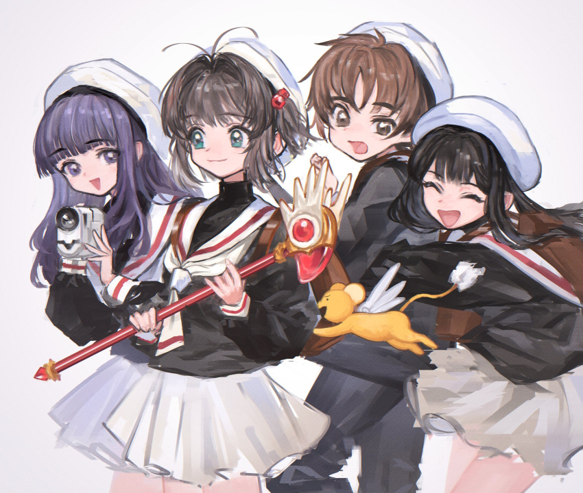 1boy 3girls antenna_hair black_hair black_pants blunt_bangs brown_hair cardcaptor_sakura closed_eyes closed_mouth daidouji_tomoyo fuuin_no_tsue hat highres holding kaneni kero kinomoto_sakura li_meiling li_syaoran long_hair long_sleeves multiple_girls open_mouth pants pleated_skirt purple_hair sailor_collar school_uniform serafuku simple_background skirt tomoeda_elementary_school_uniform video_camera white_headwear