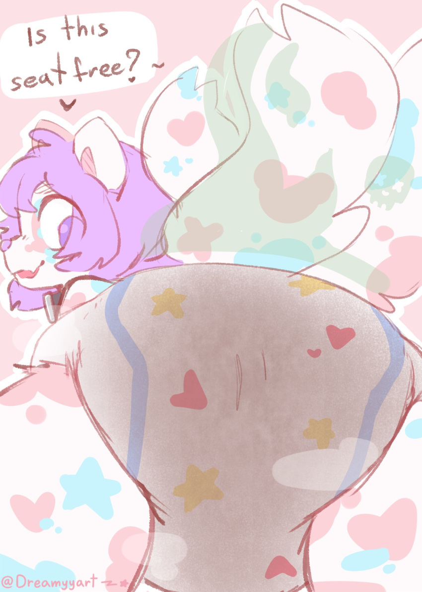 anthro butt butt_focus clothed clothing collar diaper diaper_only domestic_cat dreamyart english_text feces felid feline felis female first_person_view fur hair heart_(marking) hi_res imminent_facesitting looking_back low-angle_view mammal messy_diaper multi_tail nonbinary_(lore) purple_hair scat soiling solo stink_lines tail talking_to_viewer text topless underwear white_body white_fur worm's-eye_view