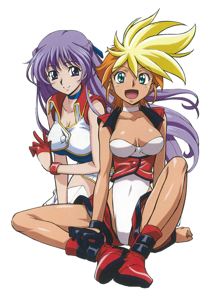 2girls aqua_eyes blonde_hair boots braid breasts choker cleavage dirty_pair dirty_pair_flash earrings eyebrows_visible_through_hair french_braid gloves highres jewelry kei_(dirty_pair_flash) kimura_takahiro long_hair looking_at_viewer medium_breasts multicolored_hair multiple_girls official_art open_mouth orange_hair purple_eyes purple_hair red_footwear short_hair simple_background single_glove smile stud_earrings thigh_boots thighhighs two-tone_hair underbust white_background yuri_(dirty_pair_flash)